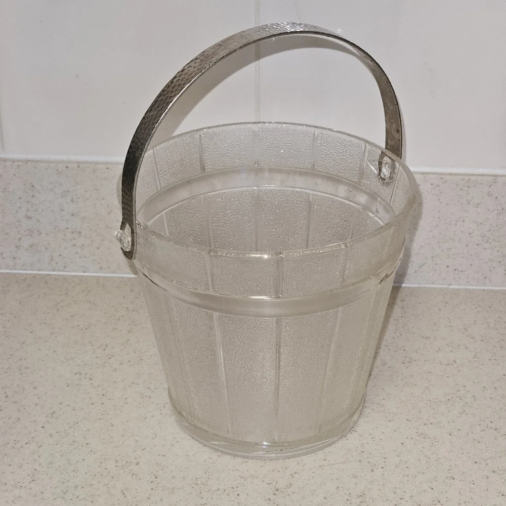 Vintage Anchor Hocking Ice Bucket Frosted Glass Hammered Metal Handle 1960’s